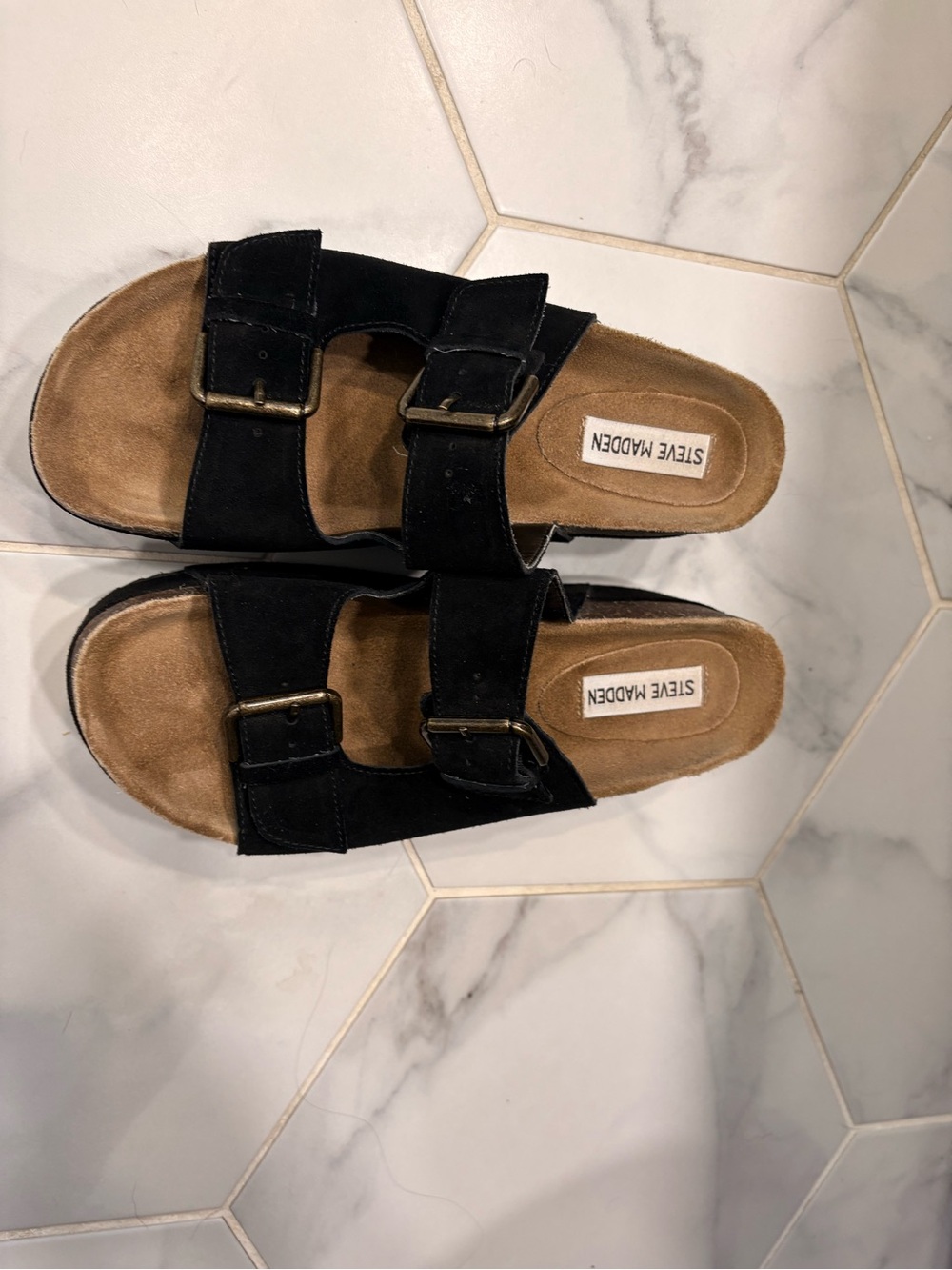Steve Madden Black Suede Double-Buckle Slide Sandals
